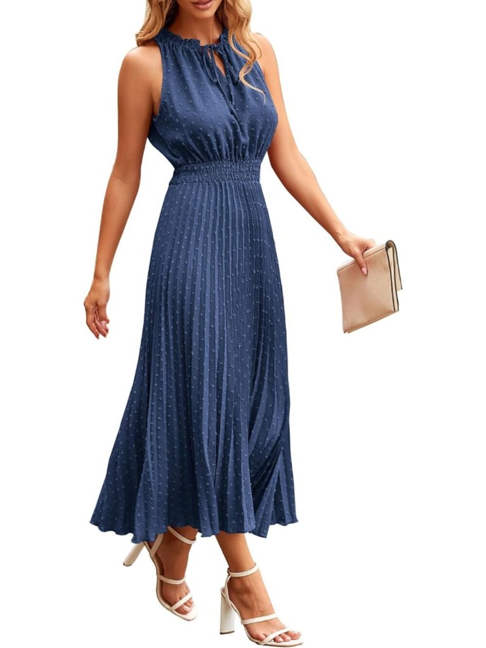 Women's Grey Blue Midi Summer Dresses Casual V Neck Swiss Dot Ruffle Sleeveless